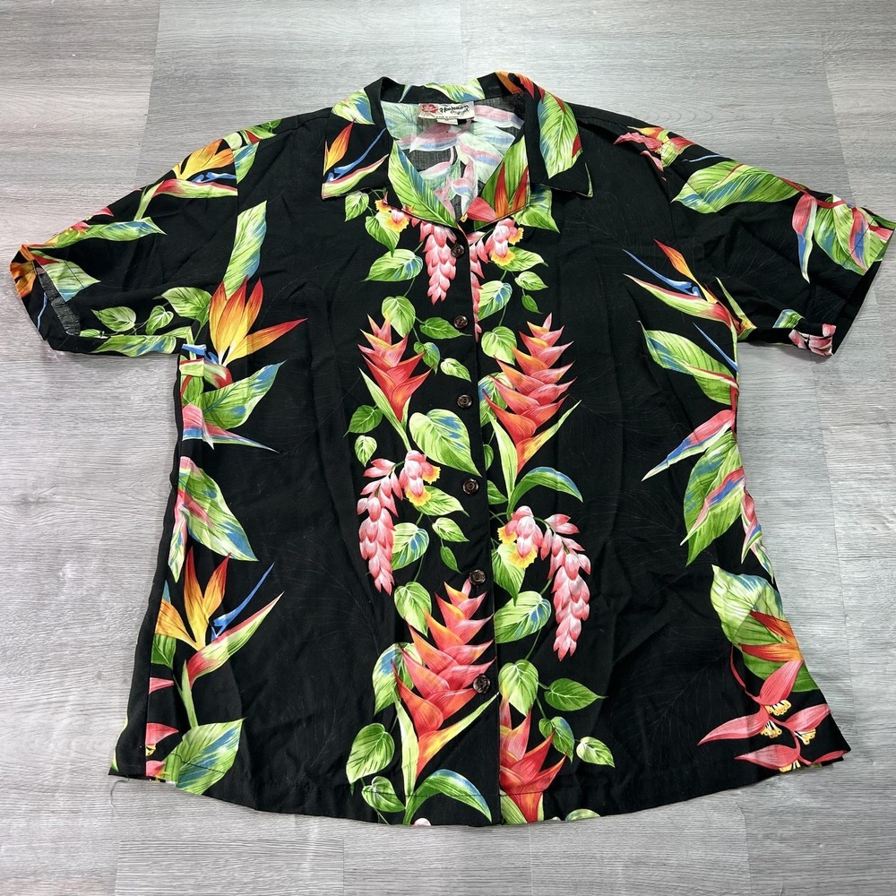 Hilo Hattie Shirt Womens Medium Black Floral Hawaiian Rayon Button Up